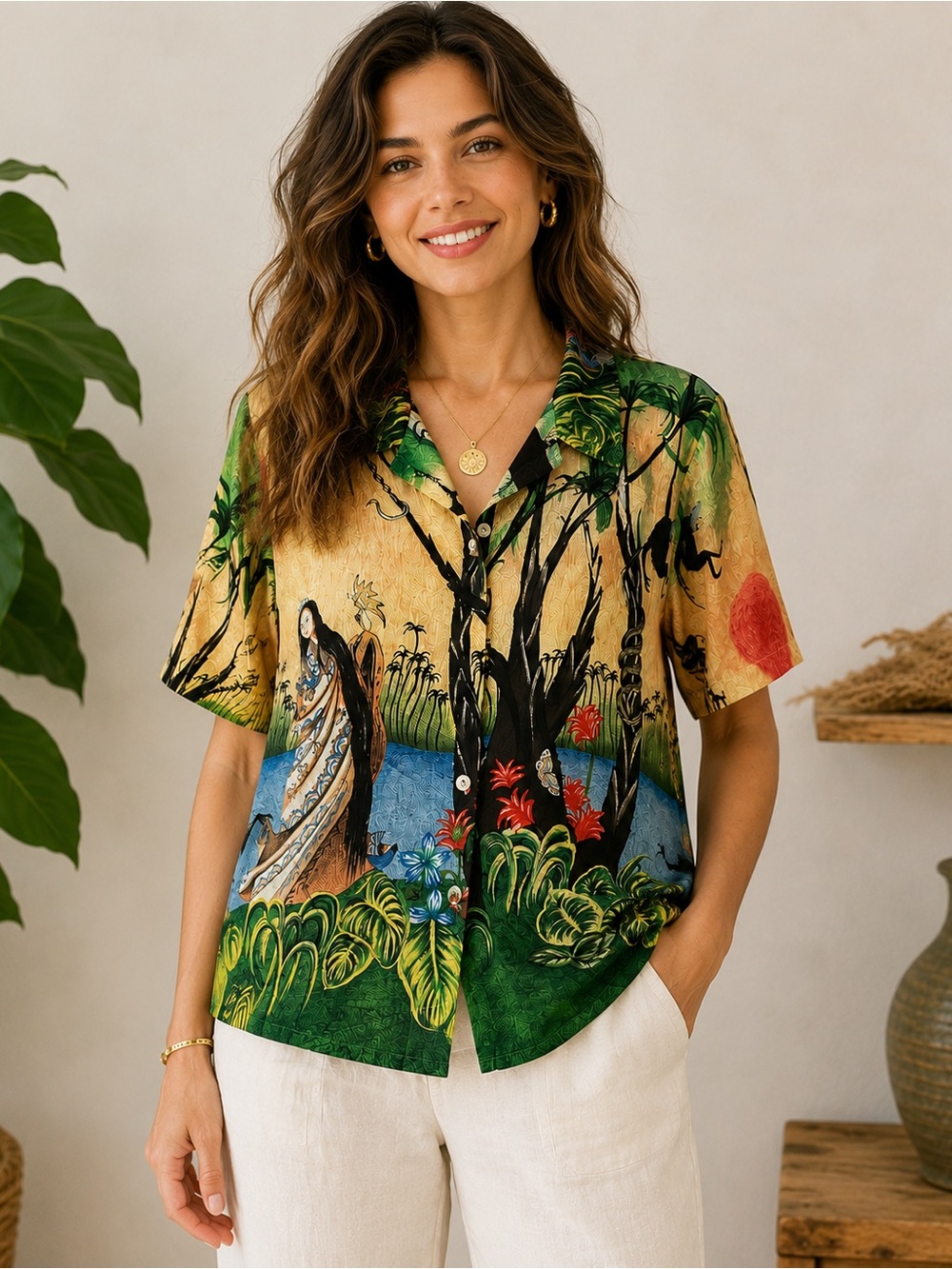 Citron Santa Monica Silk Chinoiserie Blouse Large